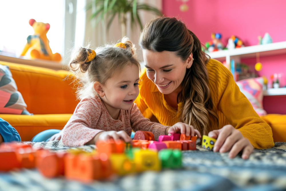 A mother and her young daughter are playing with colorful building blocks in a vibrant room filled with toys. The mother, wearing a yellow sweater, smiles as she interacts with her daughter, who has two small pigtails. The background features an orange sofa and various toys, creating a cheerful and warm atmosphere.